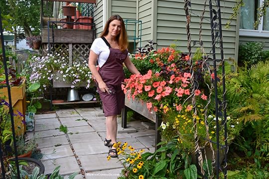 Rosies Workwear Overall Eggplant in Garden with Shawna Coronado