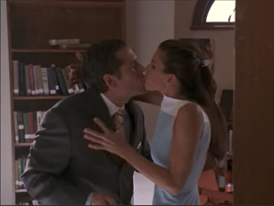 This is the most horrifically awkward kiss in history. Their mouths are connected, but their hands are all weird and their bodies are like a foot apart. Wesley is all hunched over and Cordelia's lips are way too puckered. It's just awful.