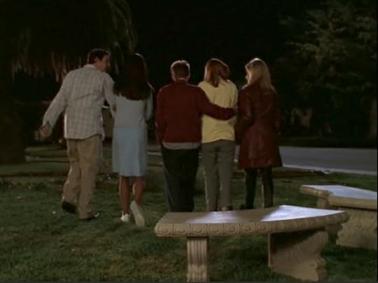 L-R, Xander, Cordelia, Oz, Willow, and Buffy all walk a tight little group into the night.