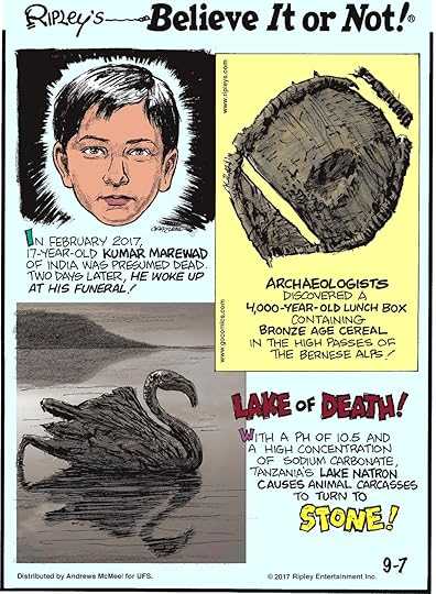 In February 2017, 17-year-old Kumar Marewad of India was presumed dead. Two days later, he woke up at his funeral!--------------------- Archaeologists discovered a 4,000-year-old lunch box containing bronze age cereal in the high passes of the Bernese Alps!-------------------- Lake of Death! With a pH of 10.5 and a high concentration of sodium carbonate, Tanzania's Lake Natron causes animal carcasses to turn to stone!