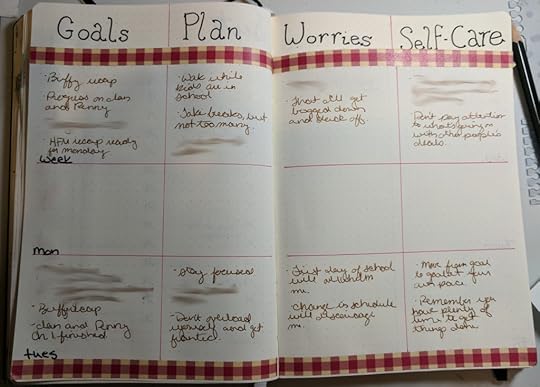 My journal, open to a page with a big grid drawn on it. Across the top are columns for Goals, Plan, Worries, and Self-Care, while the rows are labeled with days of the week.