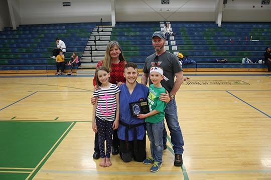 Three generations of martial artists right here: (Left to Right) My student Adelyn, instructor Janie Green, Me, student Wyatt, and instructor Jeff Green.