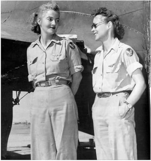 Nancy Love (left) and Betty Gillies in 1943, the first women to fly the B-17 Flying Fortress heavy bomber; the two WAFS were set to ferry a B-17 to England when their flight was cancelled by General