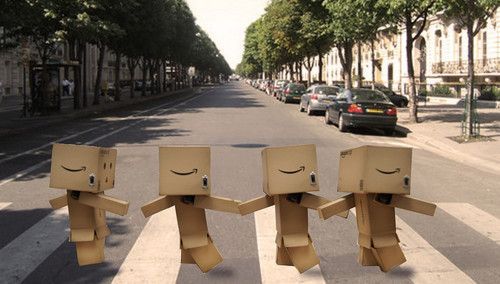 4 Danbo Amazon Smile Boxes Cross the Street