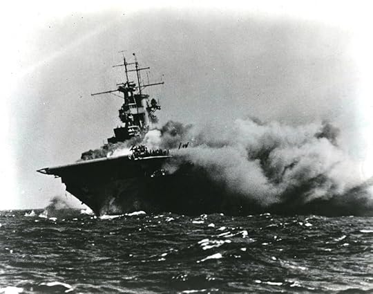 Carrier USS Wasp after being torpedoed by Japanese sub I-19 off Guadalcanal, 15 Sep 1942 (US National Archives)
