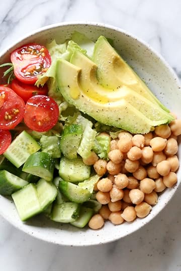 This Chickpea and Avocado salad is my go-to lunch when I need something fast and healthy! I load it up with garden vegetables and top it with a little olive oil and lemon, or olive oil and vinegar depending on my mood. Super simple, fresh and fills me up!