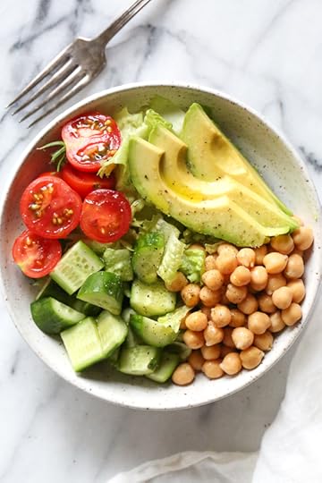 This Chickpea and Avocado salad is my go-to lunch when I need something fast and healthy! I load it up with garden vegetables and top it with a little olive oil and lemon, or olive oil and vinegar depending on my mood. Super simple, fresh and fills me up!