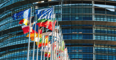 Strasbourg, France - Jan 28, 2014: All EU members flags in front of the European Parliament in Strasbourg, France
