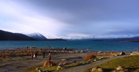 A view of Lake Tekapo from a spot beside the Church of the Good Shepherd