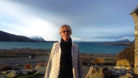 Lake Tekapo with my friend Diana, the Church of the Good Shepherd visible at the extreme right