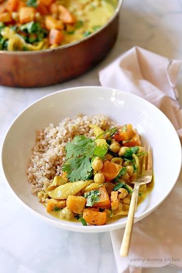 Easy coconut chickpea yellow curry with butternut squash and spinach.