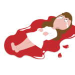 A woman in a white dress lies on her back in a pool of blood, crying.