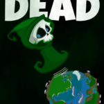 A black background with white title and author name. A skeleton in dark green robe bounces away from Earth.