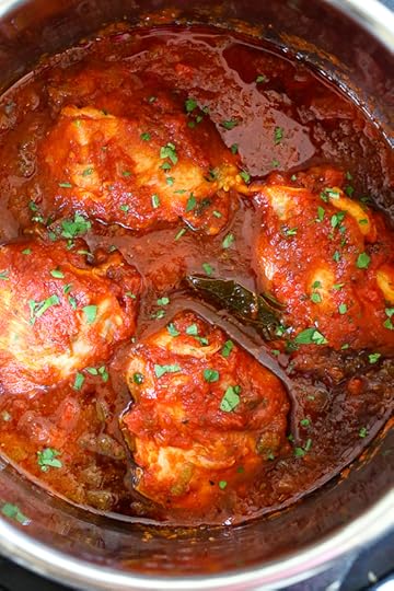 Chicken Cacciatore made in an Instant! The sauce is hearty and chunky, loaded with chicken, tomatoes, peppers and onions ( sometimes I add mushrooms too!) Great over pasta, squashta, rice or polenta.
