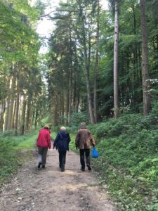 three people walking in the woods