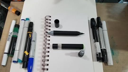 Comparison photo of Chameleon Color Tone marker, Sharpie Brush marker, Prismacolor Brush marker, Stylefile marker, Copic Sketch marker, and Chameleon Color Top