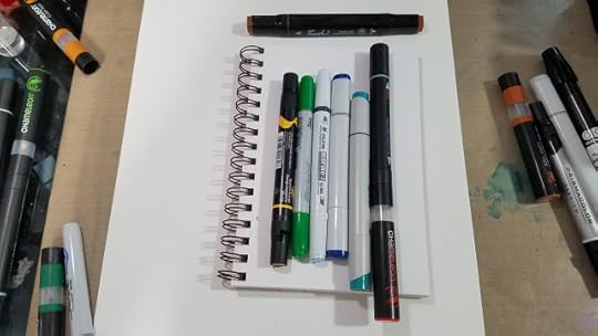 Comparison photo of Chameleon Color Tone marker, Sharpie Brush marker, Prismacolor Brush marker, Stylefile marker, Copic Sketch marker, and Chameleon Color Top