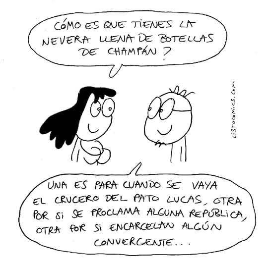 Viñeta de humor gráfico sobre por qué hay tantas neveras hasta los topes de botellas de champán.