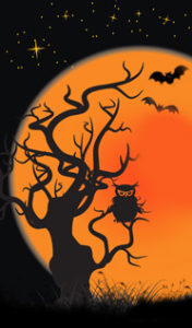 Halloween moon with owl, tree, and bats