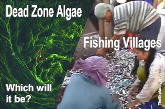 A ship (encircled) leaves a wake as it plows through Baltic Sea dead zone algae, A Khmer fishing village with an abundant catch of nourishing fish. What are we doing with our water?
