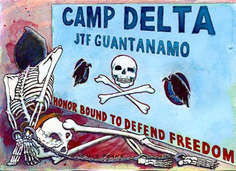 An image of Guantanamo by Sami al-Haj, as reproduced by British artist Lewis Peake in 2008, based on a drawing by Sami that the Pentagon censors refused to allow the public to see. The drawing, one of a series of five, was commissioned by Sami's lawyers at the lawyer-led international human rights organization Reprieve.