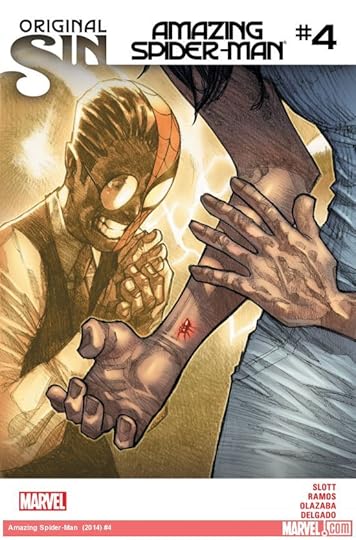 Cindy Moon's arm is bitten by radioactive spider, as Peter Parker is in pain in background