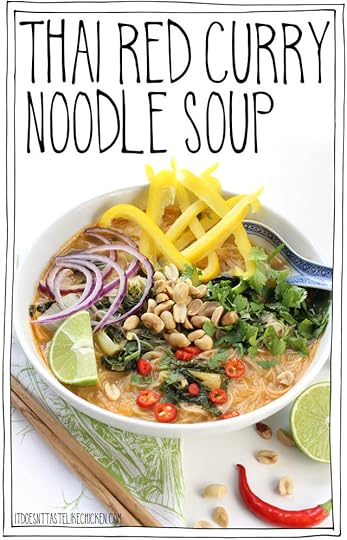 Thai Red Curry Noodle Soup! 30 minute, vegan, gluten-free, one pot meal! This coconut red curry soup is quick and easy to make and is so slurpably good. #itdoesnttastelikechicken