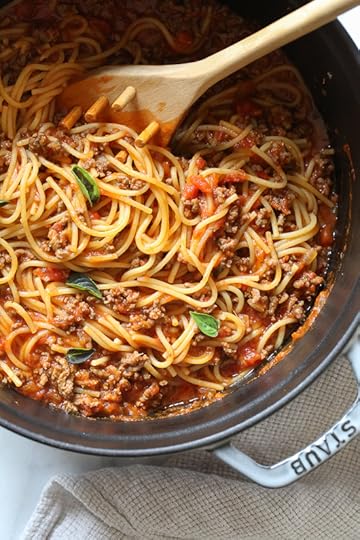 This EASY Spaghetti and Meat Sauce is cooked all in one pot! The meat sauce is made from scratch on the stove and cooked with the spaghetti all at the same time. No extra pots to wash, fast and delicious!