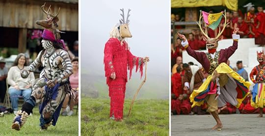 Ceremonial deer dancers in the Mayan, Portuguese, and Bhutan traditions