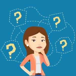 Thinking business woman surrounded by question marks.