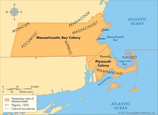 A map of early New England showing the relationship between Plymouth Colony, founded in 1620, and Massachusetts Bay Colony, founded a decade later and focused on Boston (source: Encyclopedia Britannica).