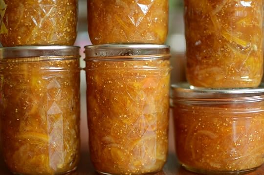 Close-up of jars of fig meyer lemon marmalade