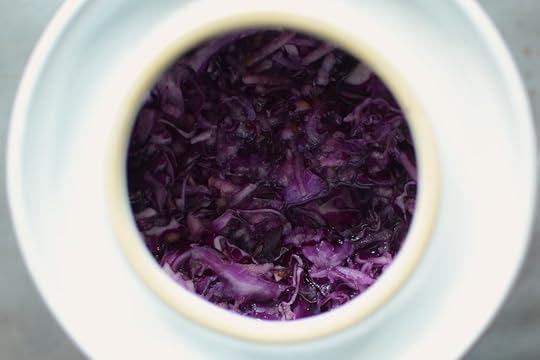 Shredded veg for red cabbage apple ginger kraut in the crock