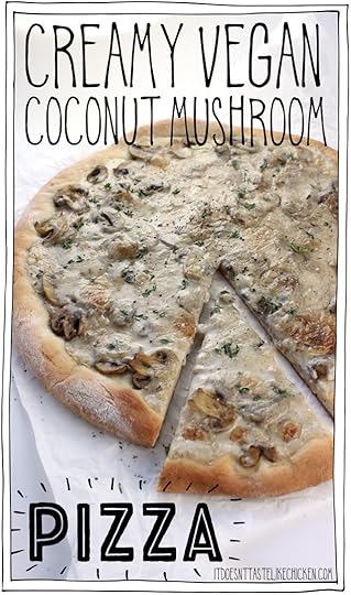 Creamy Vegan Coconut Mushroom Pizza! This decadent mushroom lovers pizza is covered in a rich dairy-free coconut sauce that bubbles and browns to perfection in the oven. #itdoesnttastelikechicken