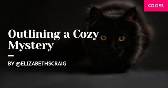 A black cat sits to the left side of a dark background while the post title, 'Outlining a Cozy Mystery' is superimposed on the side.