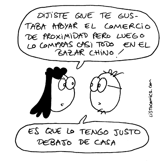 Viñeta de humor gráfico sobre cómo no apoyar el comercio de proximidad.