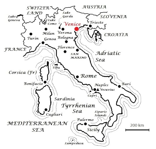 Map of Italy from A Maverick Pilgrim Way showing the location of Venice in the northeast