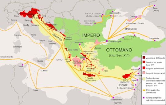 The Republic of Venice at its height in various shades of red and pink, its trading routes and its adversary the Ottoman Empire in green, from -kayac- at Italian Wikipedia, CC-BY-SA 3.0