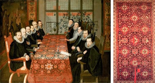 Слева: The Somerset House Conference 19 August 1604. Spanish delegation on the left, English delegation on the right. Справа: Ковёр Гольбейна из Анатолии 16 века.