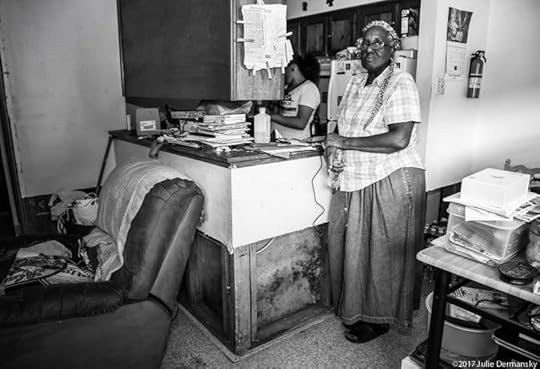 Pat Harris in her storm-damaged housing complex in Port Arthur, Texas