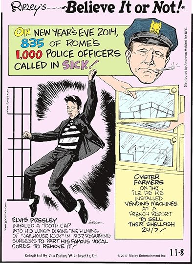 On New Year's Eve 2014, 835 of Rome's 1,000 police officers called in sick!--------------------- Elvis Presley inhaled a tooth cap into his lungs during the filming of 