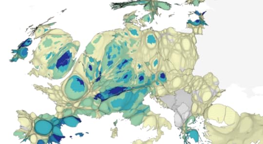 Each region of Europe is shaded by the proportion of the local population born in another country. Deepest blue is more than 20%