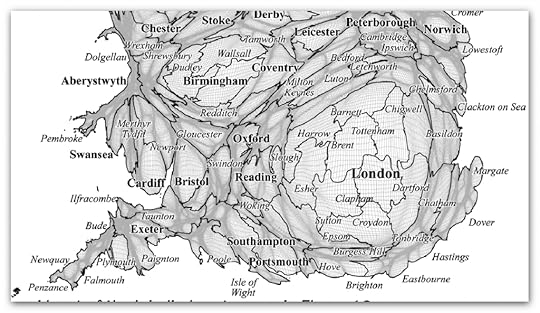 Major cities and urban areas labelled on an equal population cartogram of the south of the UK