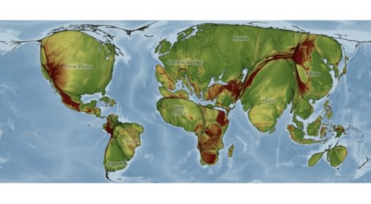 The world shaped with areas drawn in proportion as to whether they are used to produce crops