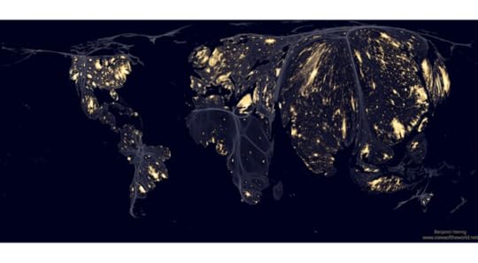 The 'Earth At Night' composite satellite image drawn upon an equal population cartogram
