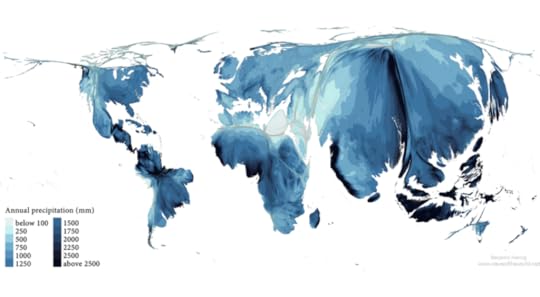 Rainfall and snowfall quantities used to shade areas upon an equal population cartogram of the world