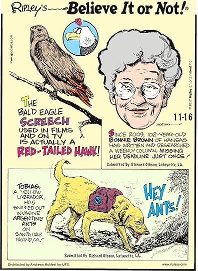 The bald eagle screech used in films and on TV is actually a red-tailed hawk!-------------------- Since 2009, 102-year-old Bonnie Brown of Kansas has written and researched a weekly column, missing her deadline just once! Submitted by Richard Gibson, Lafayette, LA.-------------------- Tobias, a yellow labrador, has sniffed out invasive Argentine ants on Santa Cruz Island, CA! Submitted by Richard Gibson, Lafayette, LA.