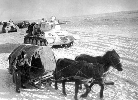 Soviet T-34 tanks and horse-drawn supply sled in southern Russia during flanking operation near Stalingrad, Nov 1942 (public domain via WW2 Database)