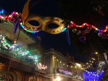 Mardi gras themed Christmas decorations.