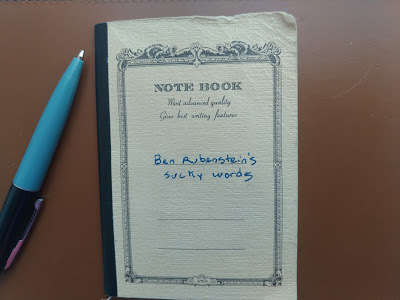Benjamin Rubenstein's pocket-size notebook he calls his "Sucky Words"